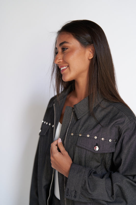 Black Summer Studs Denim Jacket